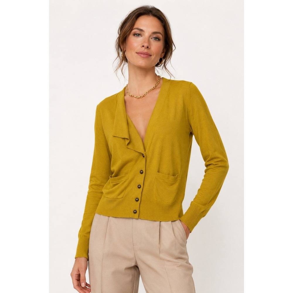 Moth Anthropologie Mustard Yellow Ruffle Front Cardigan Sweater Womens Medium